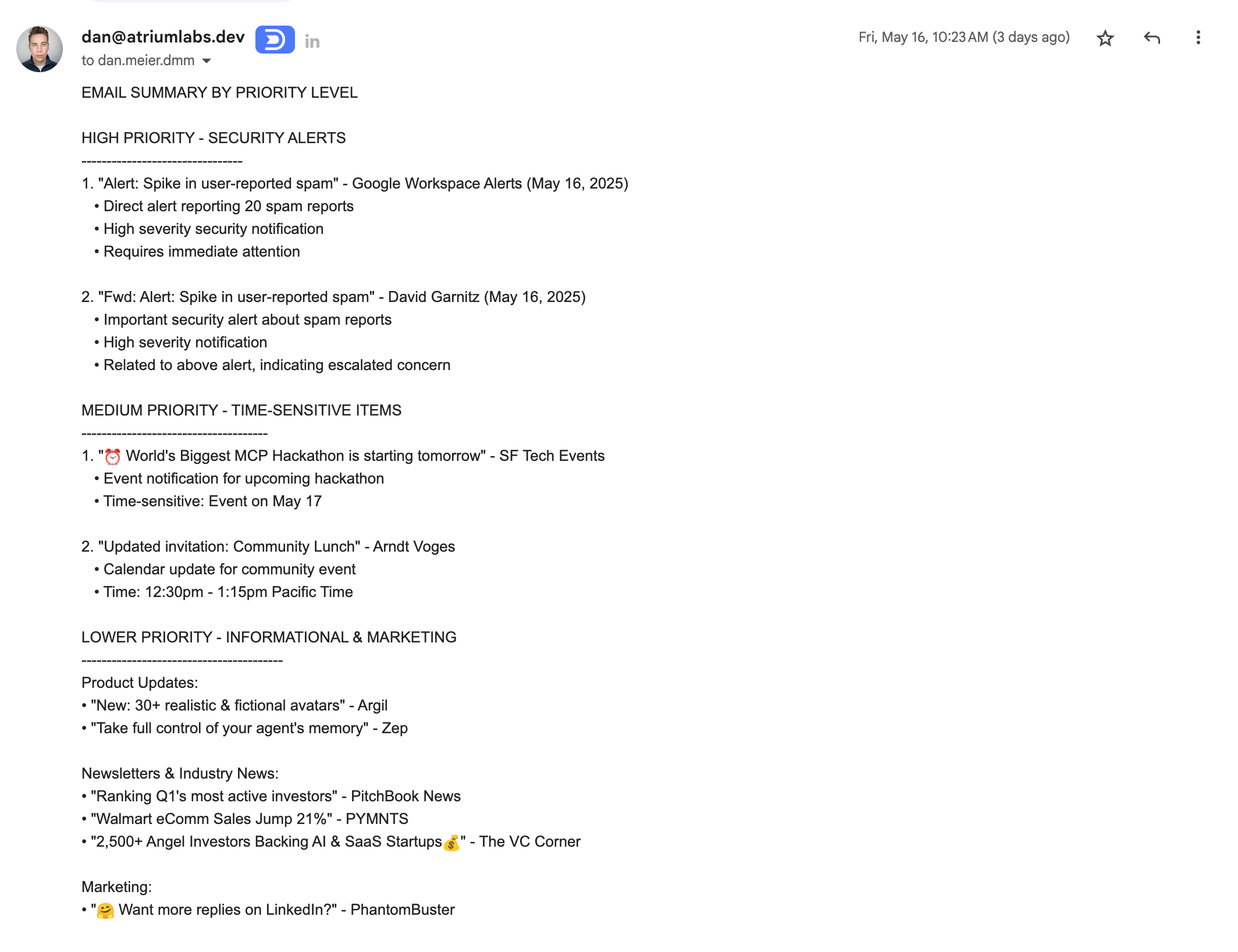 Email triage workflow screenshot